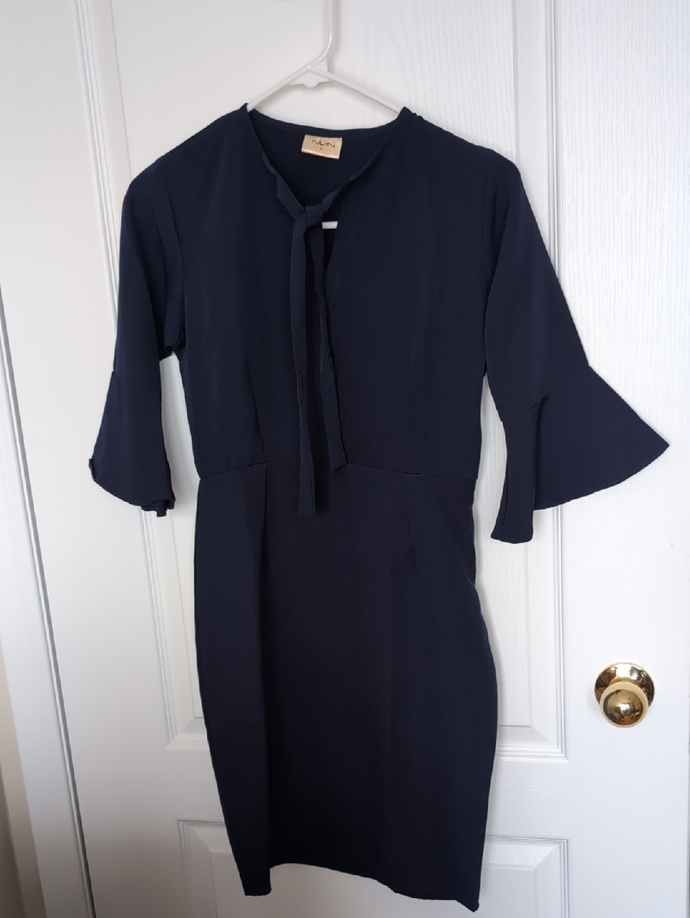 NWoT Tie-Neck Navy Dress with Flutter Sleeves By Nun